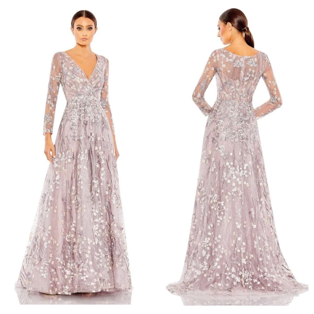 Mac Duggal EMBELLISHED WRAP OVER ILLUSION LONG SLEEVE ALINE GOWN size 14 lilac